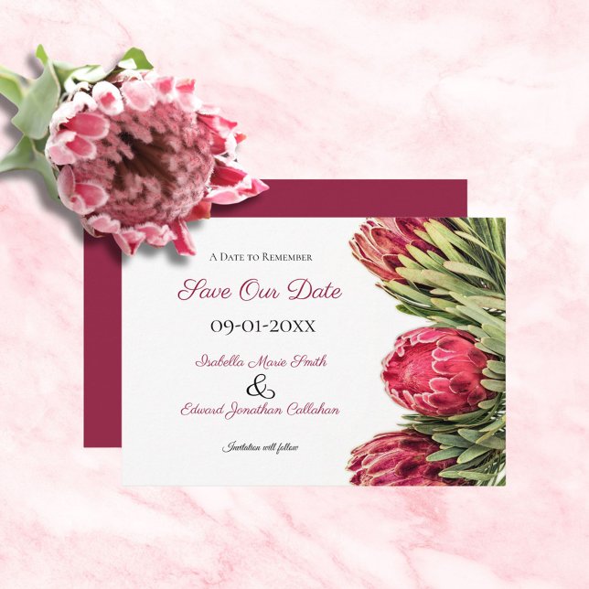 Reserva La Fecha Boda floral tropical botánica rosa protea (Subido por el creador)