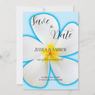 Reserva La Fecha Boda floral, tropical, Plumeria blanca sobre azul