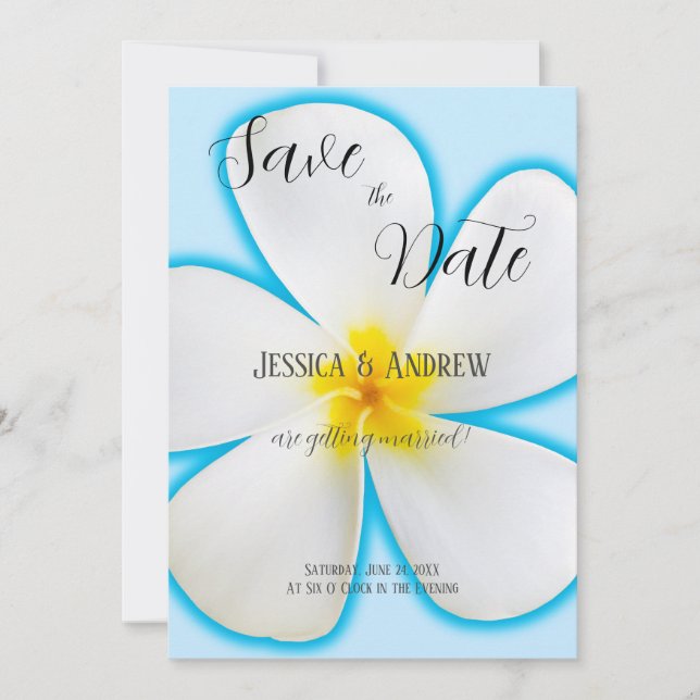 Reserva La Fecha Boda floral, tropical, Plumeria blanca sobre azul (Anverso)