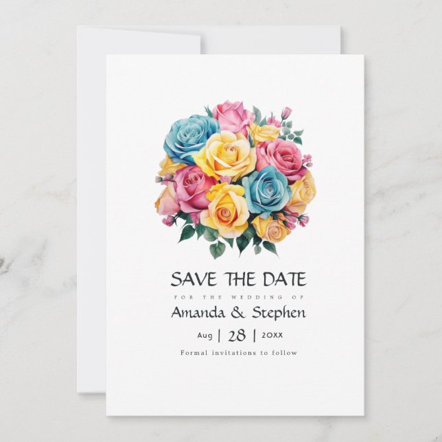 Reserva La Fecha Boda floral turquesa, amarillo y rosa (Anverso)