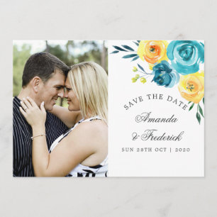 Reserva La Fecha Boda floral turquesa y amarillo - Save the Date
