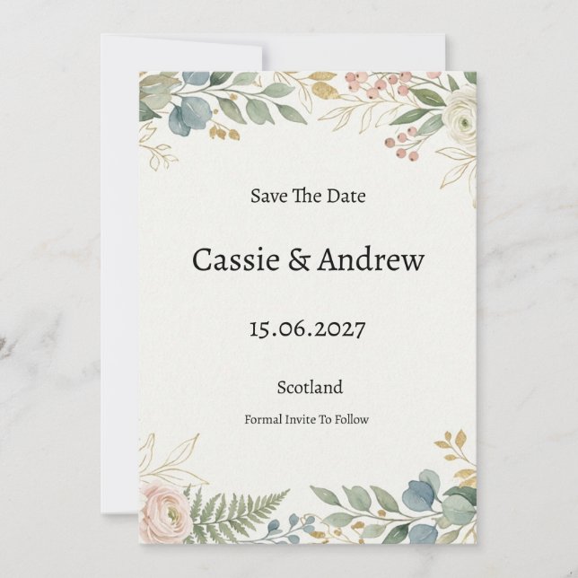 Reserva La Fecha Boda Floral Verde Azul (Anverso)