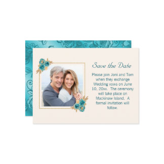 Reserva La Fecha Boda floral verde azulada y dorada RSVP Guardar la