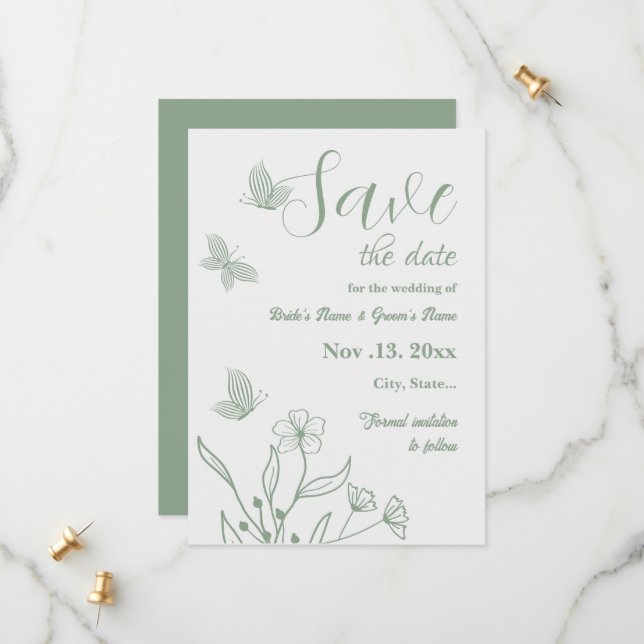 Reserva La Fecha Boda floral verde de salvia elegante romántica (Anverso/Reverso In Situ)