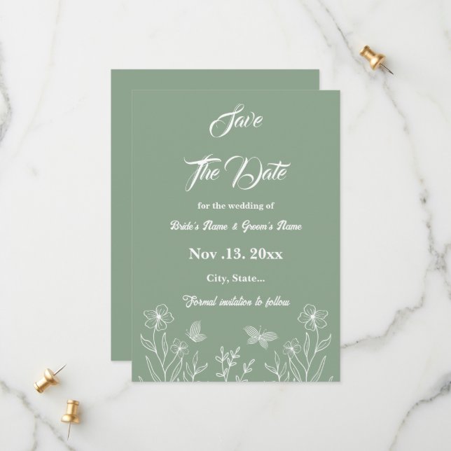 Reserva La Fecha Boda floral verde de salvia elegante romántica (Anverso/Reverso In Situ)