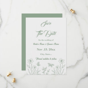 Reserva La Fecha Boda floral verde de salvia elegante romántica