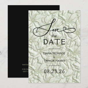 Reserva La Fecha Boda floral verde salvia con relieve falso