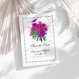 Reserva La Fecha Boda floral vintage fucsia y púrpura