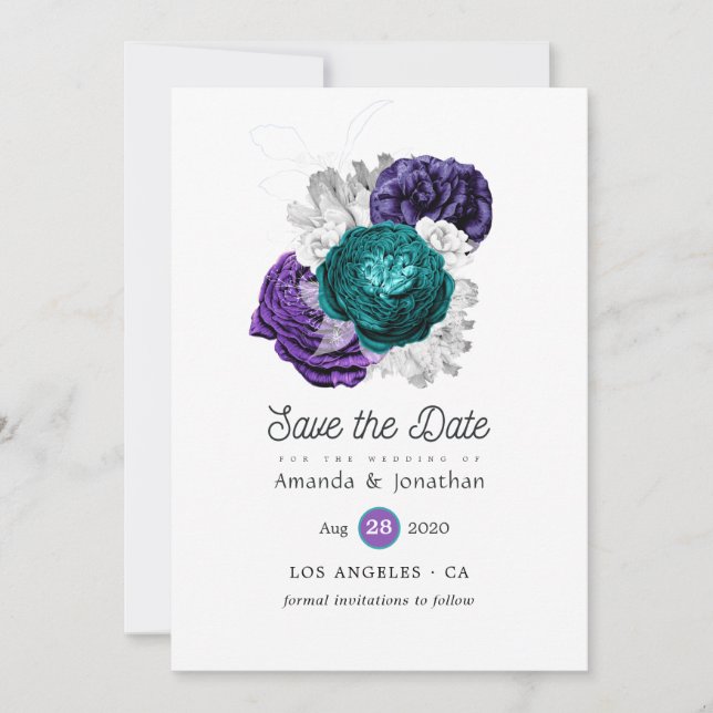 Reserva La Fecha Boda floral violeta y turquesa rusa (Anverso)
