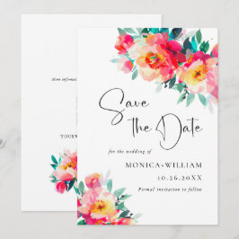 Reserva La Fecha Boda Flores Rosadas Brillantes Acuarela Boda