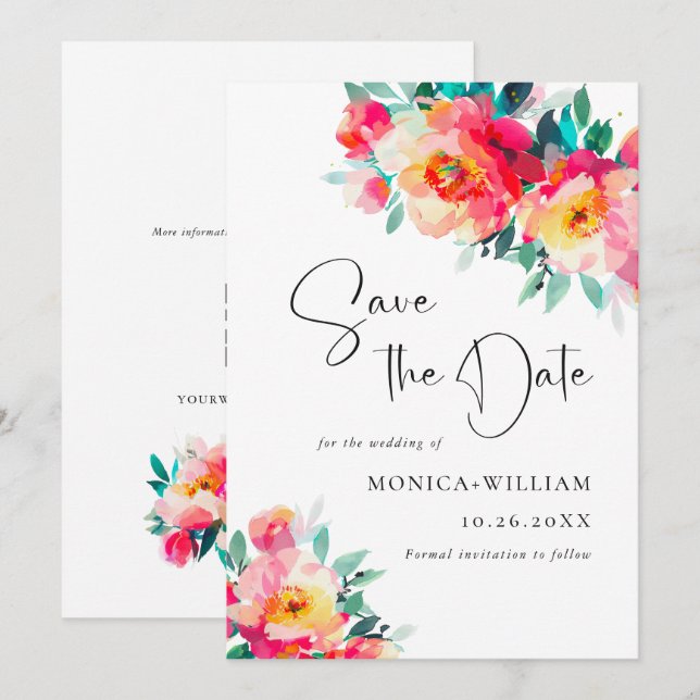 Reserva La Fecha Boda Flores Rosadas Brillantes Acuarela Boda (Anverso / Reverso)