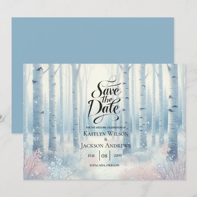 Reserva La Fecha Boda Forestal de Birch Azul Escarcha (Anverso / Reverso)