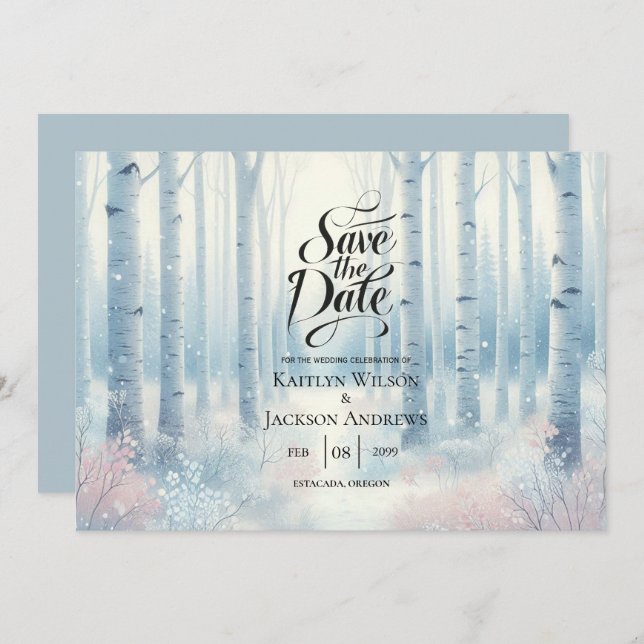 Reserva La Fecha Boda Forestal de Birch Azul Escarcha (Anverso / Reverso)