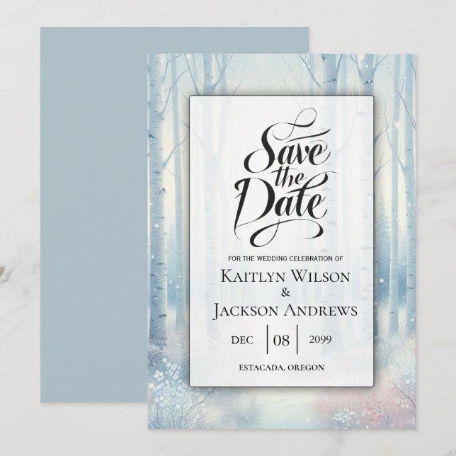 Reserva La Fecha Boda Forestal de Birch Azul Escarcha (Anverso / Reverso)