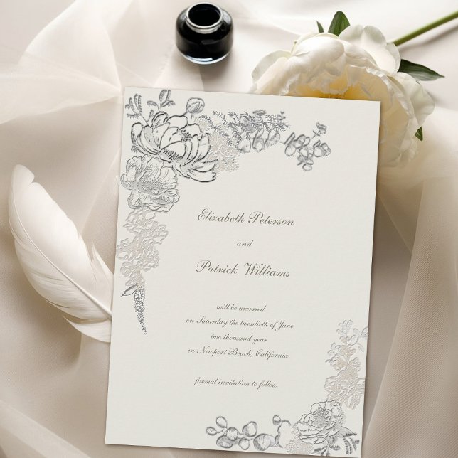 Reserva La Fecha Boda Formal Caligrafía Peonía con Relieve Falso (formal traditional elegant calligraphy wedding save the date  faux embossed peony ecru classic)