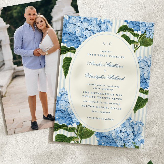Reserva La Fecha Boda formal de jardín de la hidrangea azul (blue watercolour vintage hydrangea flowers save the date card with photo on back)
