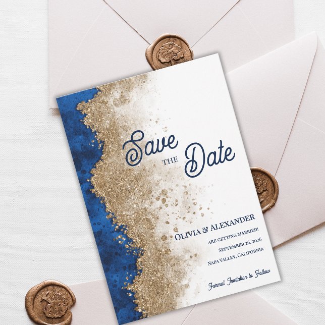Reserva La Fecha Boda Formal de Lujo Abstracto con Oro Azul Real (Royal Blue Gold Save the Date Card Luxury Navy Blue Gold Wedding Save The Date )