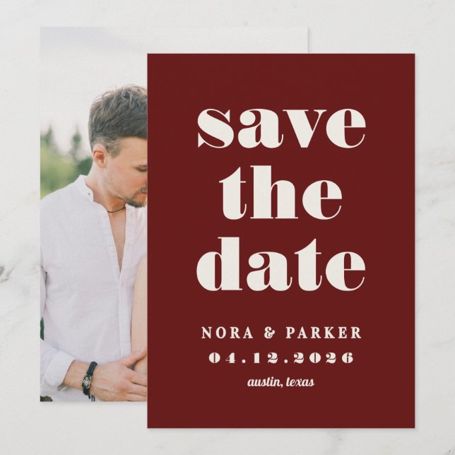 Reserva La Fecha Boda Formal Moderna de Borgoña y Marfil (Anverso / Reverso)