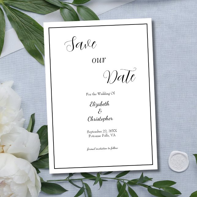 Reserva La Fecha Boda Formal Tradicional Caligrafía Script (Black White Calligraphy Script Minimalist Modern Elegant  Wedding Save the Date Card)