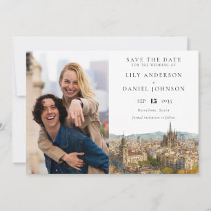 Reserva La Fecha Boda Foto Acuarela de la Silueta de Barcelona