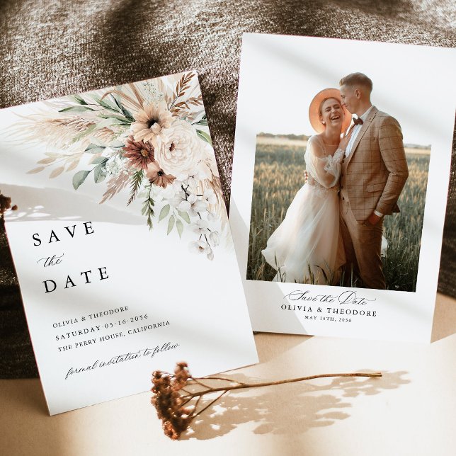 Reserva La Fecha Boda Foto Floral de Pampas Boho (Boho pampas grass floral photo save the date card, neutral terracotta sage green wedding stationery)