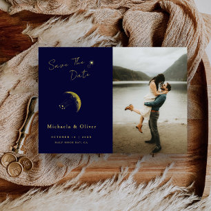 Reserva La Fecha Boda Foto Luna Dorada Azul Celeste Medianoche