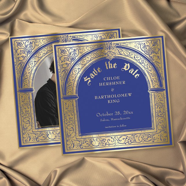 Reserva La Fecha Boda Foto Medieval Azul Dorado Gótico (Gothic Blue Gold Medieval Til Death Photo Wedding Save The Date)