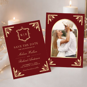 Reserva La Fecha Boda Foto Monograma Cresta Dorada Rojo Granate