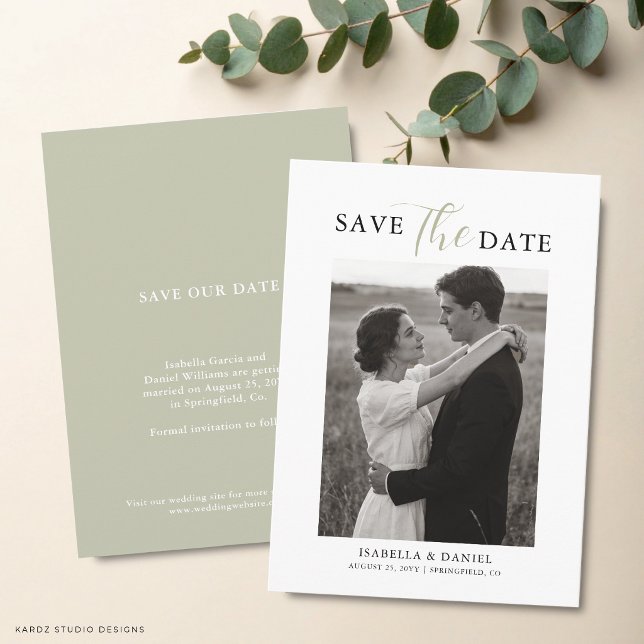 Reserva La Fecha Boda Foto Texto Simple Elegante Verde (The front and back are shown in a 4.5 x 6.25-inch. Choose size, paper, + corner style.)