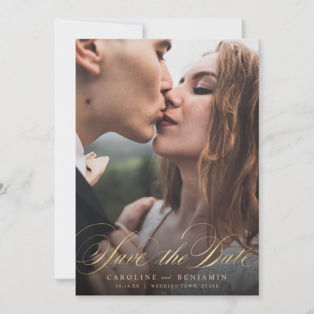 Reserva La Fecha Boda fotográfica clásica de caligrafía, salva la f (Anverso)