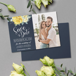 Reserva La Fecha Boda fotográfico amarillo con clase y flores azul 