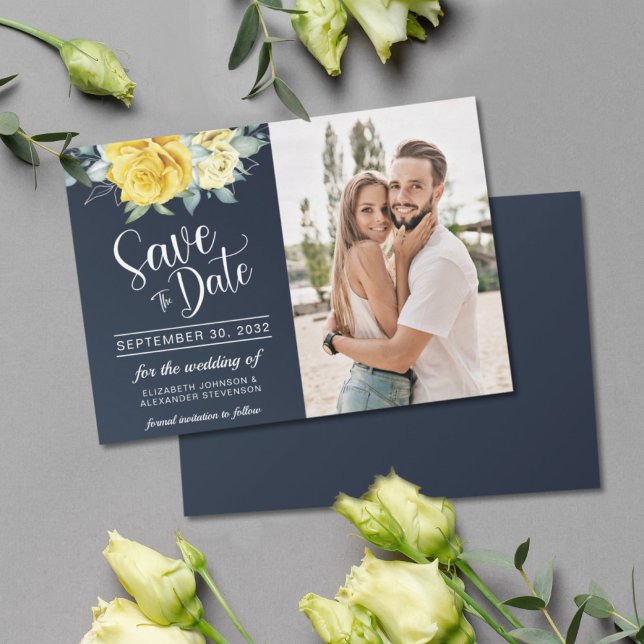 Reserva La Fecha Boda fotográfico amarillo con clase y flores azul  (Subido por el creador)
