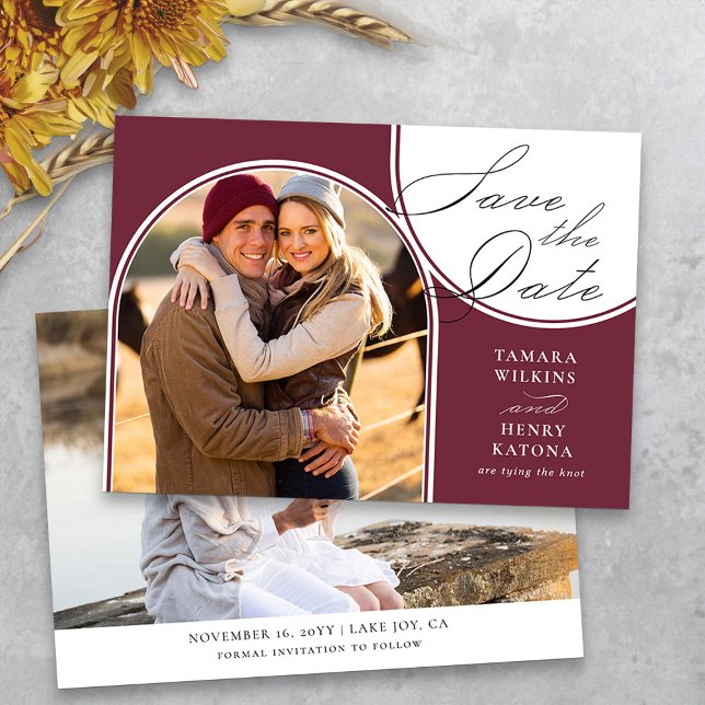 Reserva La Fecha Boda fotográfico arcaico de Borgoña caligrafía (Photo save the date burgundy wedding announcement from my Wedding Colors collection)