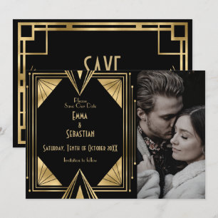 Reserva La Fecha Boda fotográfico Black and Gold Gatsby Art Deco