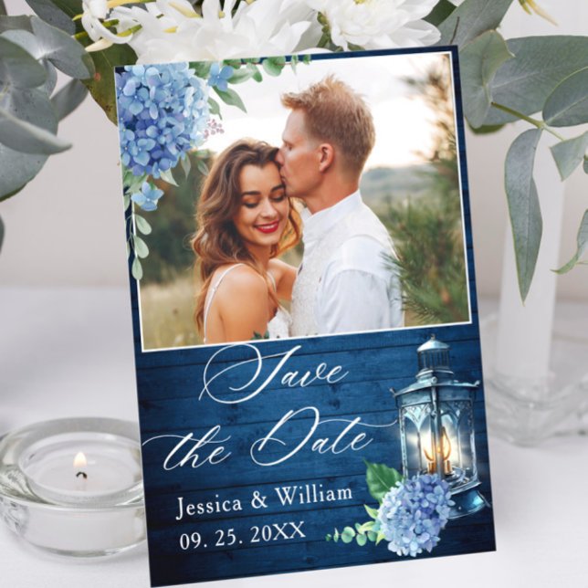 Reserva La Fecha Boda fotográfico Blue Hydrangea Naval Wood Lantern (Subido por el creador)