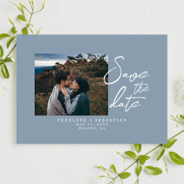 Reserva La Fecha Boda fotográfico Boho Dusty Blue Calligraphy