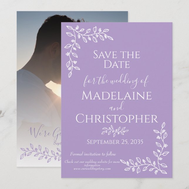 Reserva La Fecha Boda fotográfico botánico de Boho Lavender moderno (Anverso / Reverso)