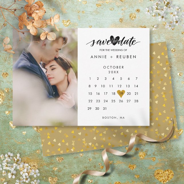 Reserva La Fecha Boda fotográfico de Calendar Gold Heart Confetti (Calendar Gold Heart Confetti Photo Wedding Save The Date)