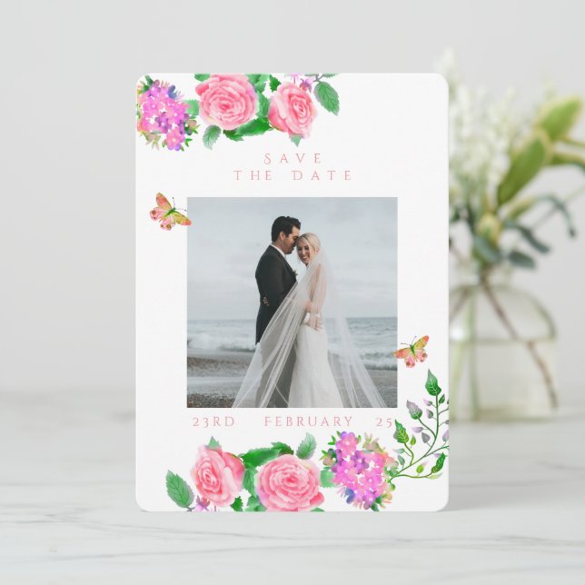 Reserva La Fecha Boda fotográfico de cinta rosa monograma (Anverso de pie)