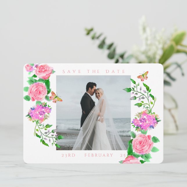 Reserva La Fecha Boda fotográfico de cinta rosa monograma (Anverso de pie)