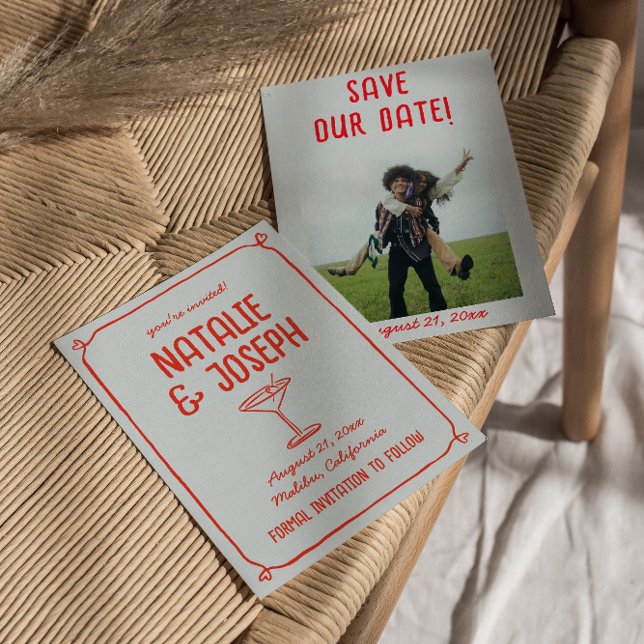 Reserva La Fecha Boda fotográfico de cócteles Rojos Azul con mano R (Subido por el creador)