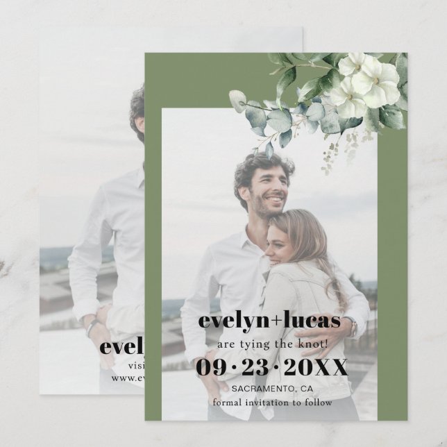 Reserva La Fecha Boda fotográfico de Eucalyptus gbranch y white flo (Anverso / Reverso)