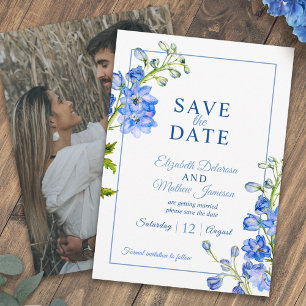 Reserva La Fecha Boda fotográfico de flores azules de Delfino