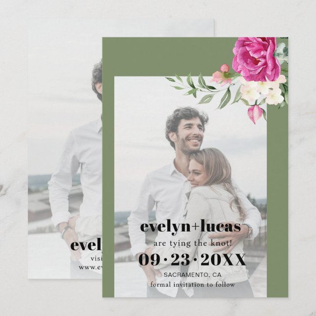 Reserva La Fecha Boda fotográfico de flores blancas y rosas ramas (Anverso / Reverso)