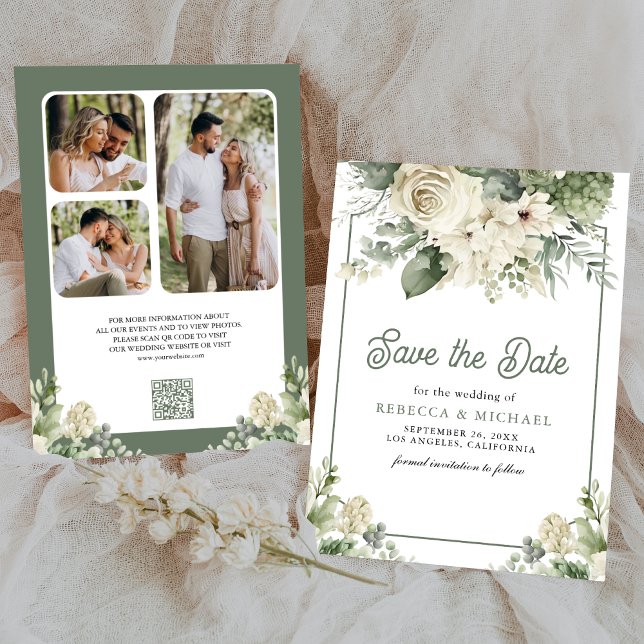 Reserva La Fecha Boda fotográfico de Ivory Sage Green Floral QR Cod (Subido por el creador)