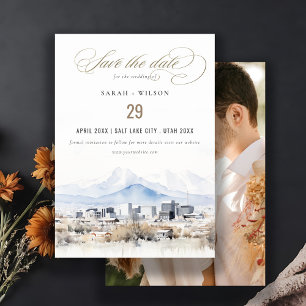 Reserva La Fecha Boda fotográfico de la acuarela de Salt Lake City 