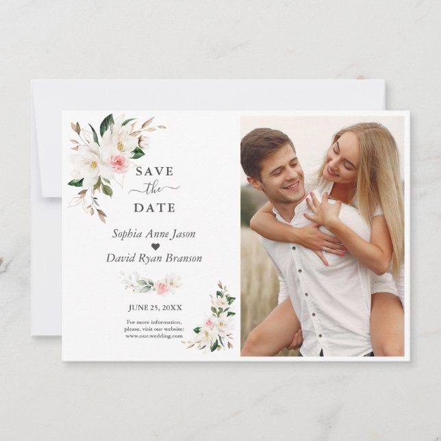 Reserva La Fecha Boda fotográfico de las flores de magnolia blanca (Anverso)