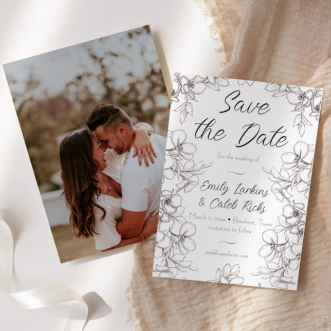 Reserva La Fecha Boda fotográfico de marco floral blanco y negro (romantic photo wedding save the date floral frame drawn line art design script cursive font)
