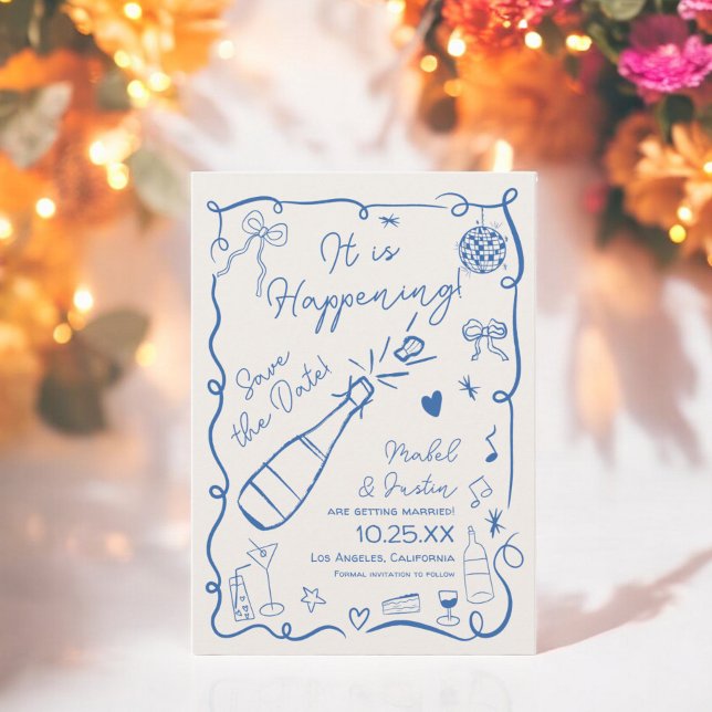 Reserva La Fecha Boda fotográfico de moda retro azul francés (Trendy retro French blue illustrated photo wedding Save The Date)