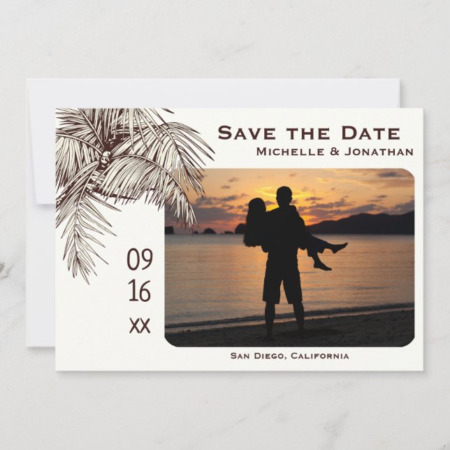 Reserva La Fecha Boda fotográfico de Palm Tree Beach Tropical (Anverso)